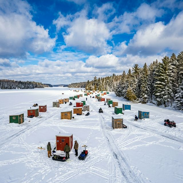 Aerial view of ice fishing shanties spread across a frozen Wisconsin Northwoods lake with anglers, snowmobiles, and ATVs visible, snow-covered pine trees along the shore under a dramatic winter sky