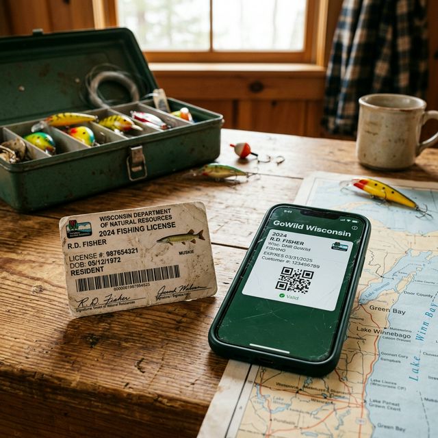 A weathered Wisconsin fishing license card and a modern GoWild digital license displayed on a smartphone, placed on a rustic cabin table alongside a tackle box, vintage lures, and a map of Wisconsin lakes