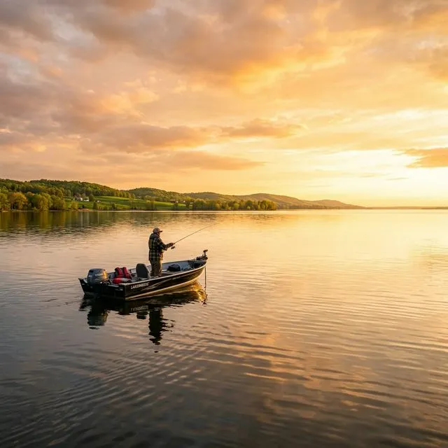 An angler casting from a fishing boat on Lake Winnebago, Wisconsin at golden hour, with vast calm water stretching to the horizon and lush green Wisconsin farmland visible on the distant shore