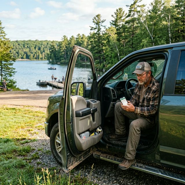 A fisherman sitting in his truck at a Wisconsin boat launch, checking his smartphone for a fishing license, with a scenic pine-and-birch-lined lake visible through the open door