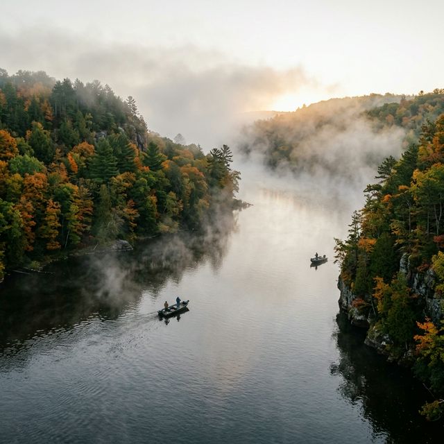 Two fishing boats on the misty St. Croix River at the Wisconsin-Minnesota border during early morning, with dramatic fog lifting from the water and forested bluffs showing early autumn colors on both banks