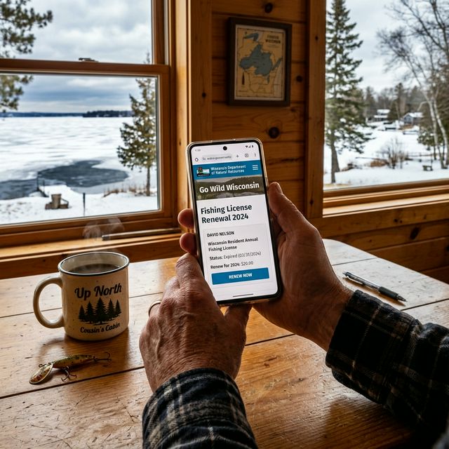 Hands holding a smartphone showing the Wisconsin GoWild fishing license renewal screen at a cabin kitchen table, with morning coffee and a snow-covered Wisconsin lake visible through the window