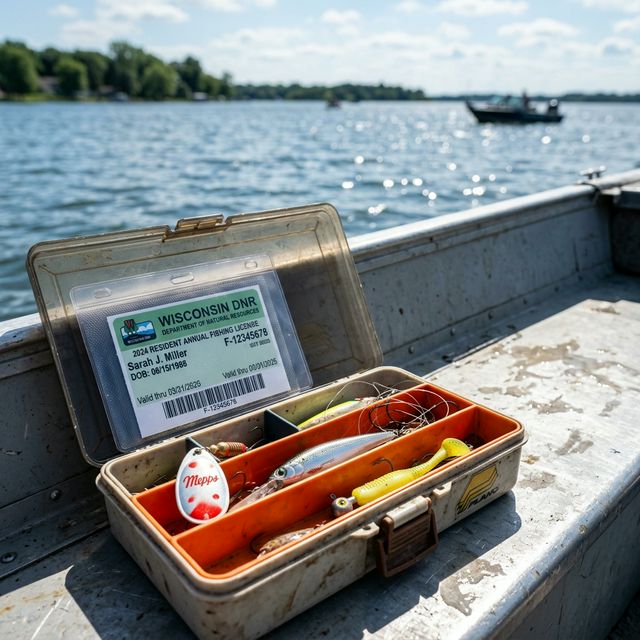 A Wisconsin fishing license card in a clear waterproof sleeve alongside fishing lures in an open tackle box on the deck of a fishing boat, with a sparkling Wisconsin lake in the background