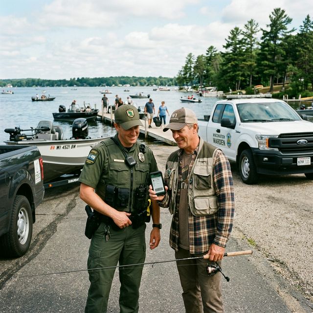 An angler at a Wisconsin boat launch showing a digital fishing license on his smartphone to a conservation warden in DNR uniform, with a lake, boats, and an agency truck in the background
