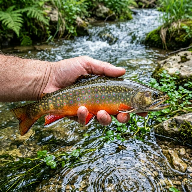 A wild brook trout held gently above crystal-clear water in a Wisconsin Driftless Area spring creek, showing vibrant colors — orange belly, blue-haloed red spots, olive back — with limestone rocks and watercress visible in the stream