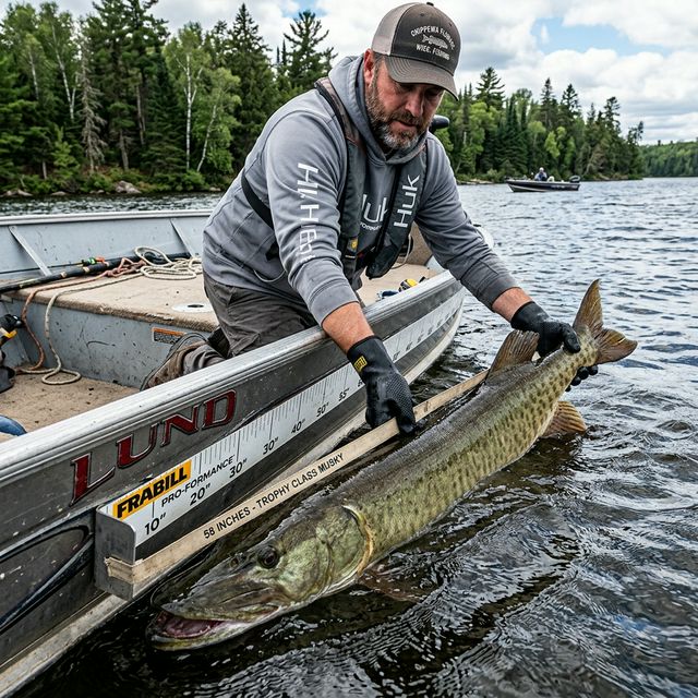 An angler measuring a massive muskellunge against a tape measure on the side of a fishing boat on Chippewa Flowage, Wisconsin, the enormous spotted fish still in the water alongside the boat