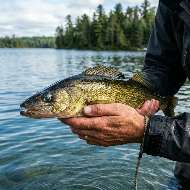Close-up of a walleye being held by an angler over clear Wisconsin lake water, golden scales and glass-like eyes in sharp focus, with pine-tree-lined Northwoods lake blurred in the background