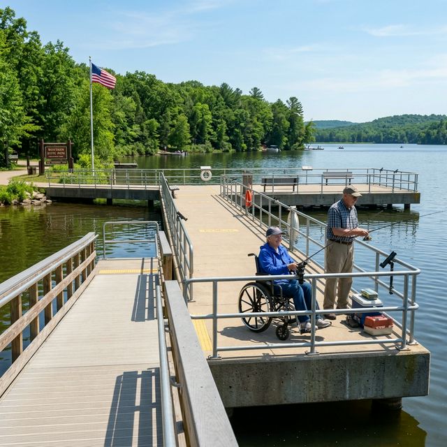 An accessible ADA-compliant fishing pier at a Wisconsin state park with railings and ramp, where a senior couple fishes from the pier, one in a wheelchair using an accessible rod holder, with green summer trees and American flag in background