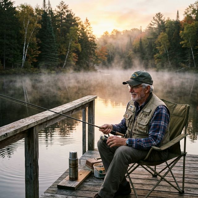 A retired senior man in a fishing vest and cap sitting in a folding chair on a wooden dock, fishing rod resting on the railing with a thermos of coffee beside him, morning mist rising from a northern Wisconsin lake surrounded by pine and birch trees
