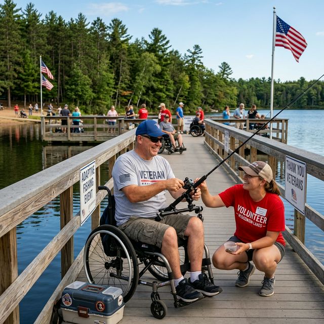A veteran in a wheelchair using adaptive fishing equipment on an accessible pier at a Wisconsin lake, with a volunteer beside him, American flags displayed, and other participants visible at an adaptive fishing event