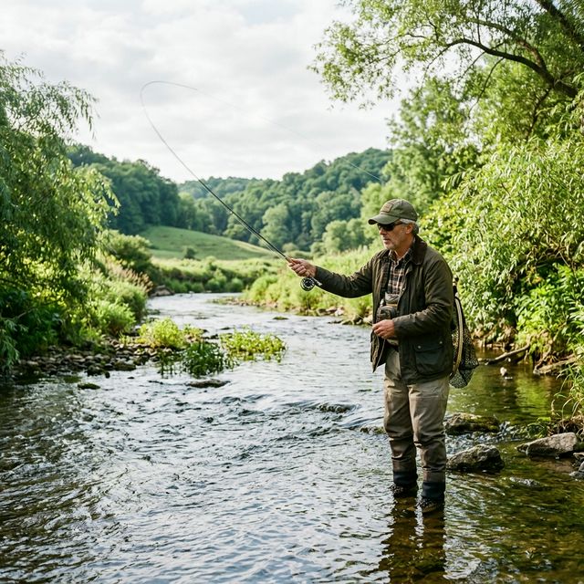 A military veteran in casual outdoor clothing fly fishing in a peaceful Wisconsin Driftless Area trout stream winding through a lush green valley with rolling hills, morning light filtering through overhanging willows