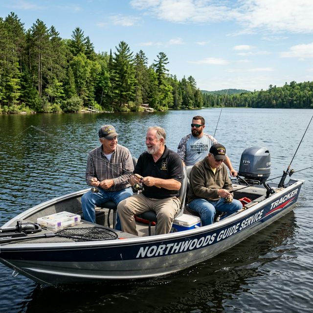 A group of veterans and a fishing guide in a boat on a Wisconsin Northwoods lake, laughing and fishing together on a clear summer day with pine forest shoreline in the background