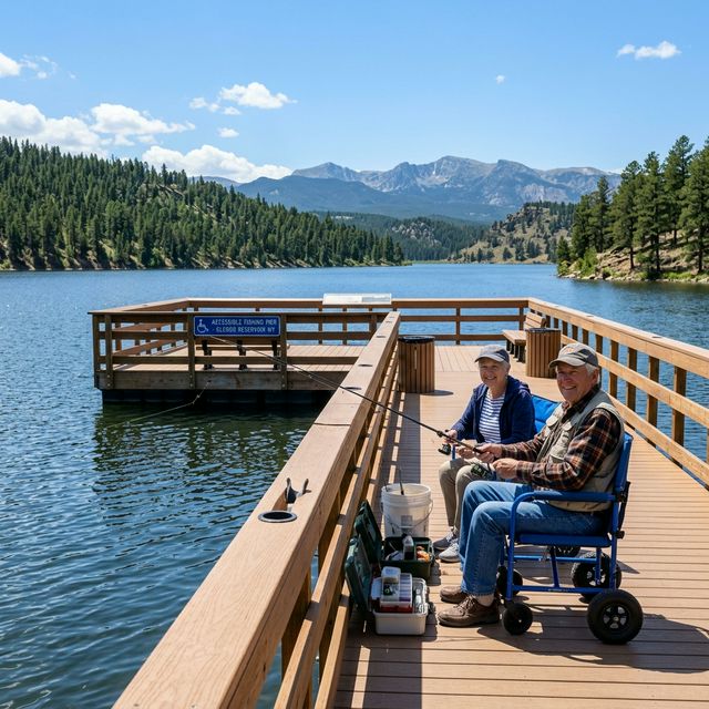 Children at a kids fishing derby event at a Wyoming community pond, parents helping cast, festive atmosphere with mountains in the background