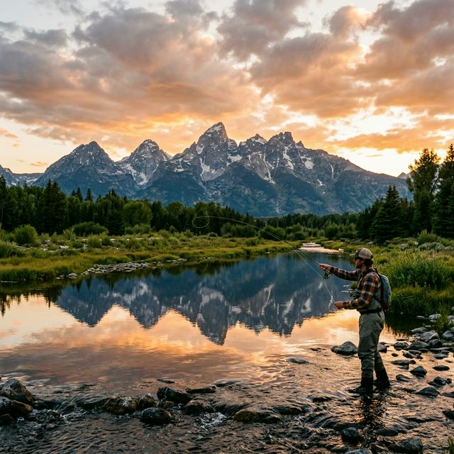 A teenage angler independently fly fishing in a Wyoming river at golden hour, wading in shallow water with mountains and sagebrush in the background