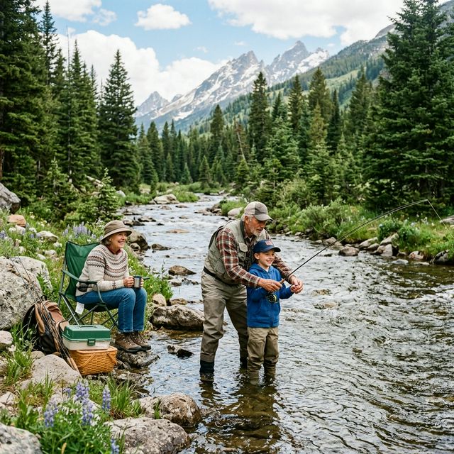 A grandfather teaching his grandson to fish in a Wyoming mountain creek, with the grandmother watching from a chair, surrounded by evergreen forest and mountain peaks