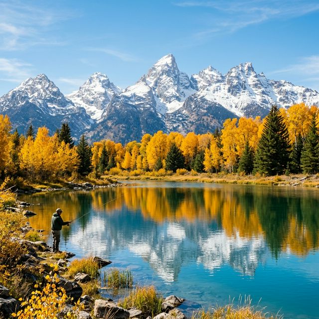 An angler fishing from the shore of a mountain lake in Wyoming surrounded by golden aspen trees with snow-capped Teton peaks in the background