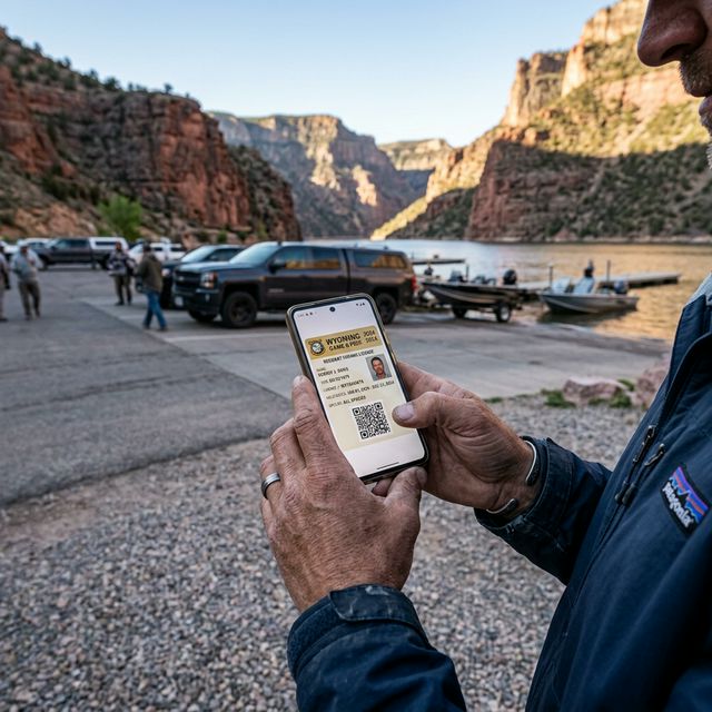 An angler checking his smartphone with a digital Wyoming fishing license at a boat launch near Flaming Gorge Reservoir, red canyon walls in the background