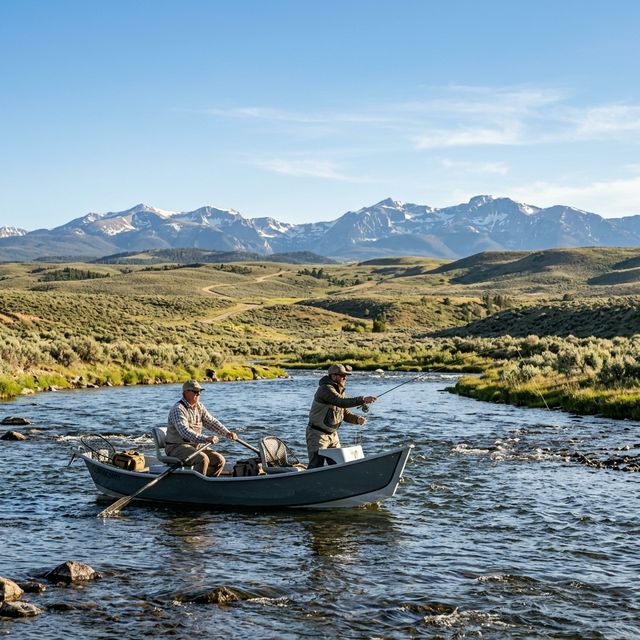 An angler showing a digital fishing license on a phone screen to a game warden beside a Wyoming trout stream, mountains in background