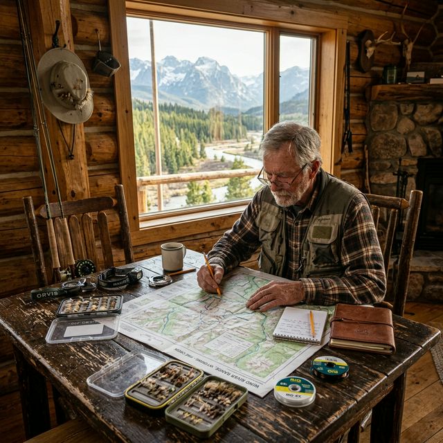 An angler at a cabin desk purchasing a Wyoming fishing license on a laptop computer, fly rods visible against the wall, mountain view through the window