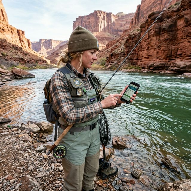 An angler checking a digital fishing license on a smartphone screen while standing beside the Green River in Wyoming, red canyon walls and clear water