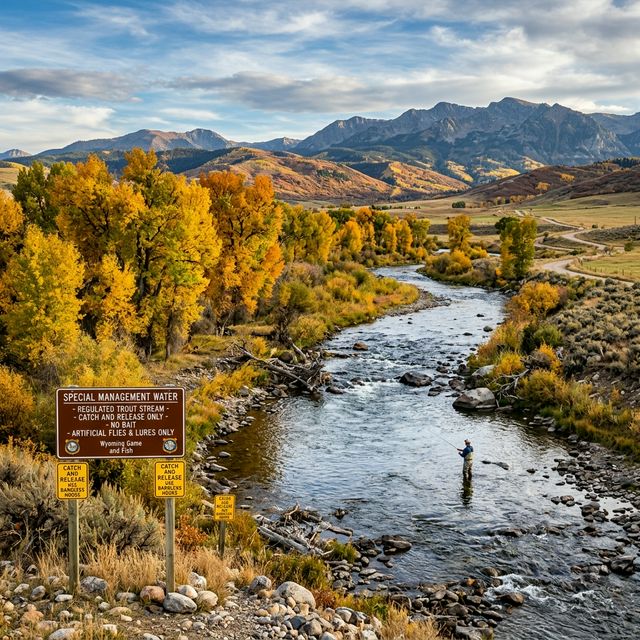 A scenic stretch of river flowing through a wide Wyoming valley with cottonwood trees and distant mountains, special management water signs visible