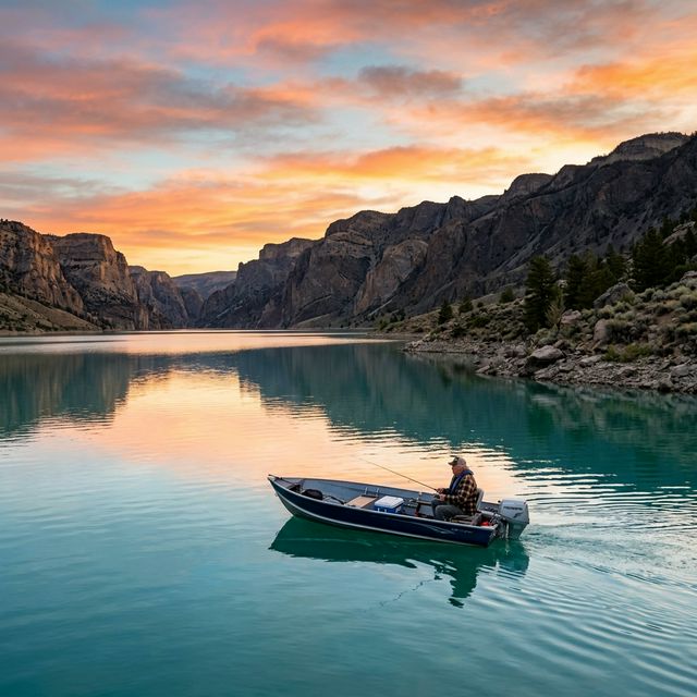 A retired angler in a small motorboat on Boysen Reservoir at sunrise with dramatic Wind River Canyon walls reflected in calm turquoise water