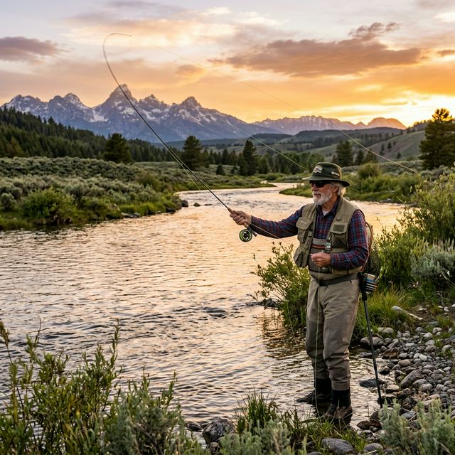 A retired angler casting a fly rod in a Wyoming river at sunset with the Grand Teton peaks in the background and golden light on the water
