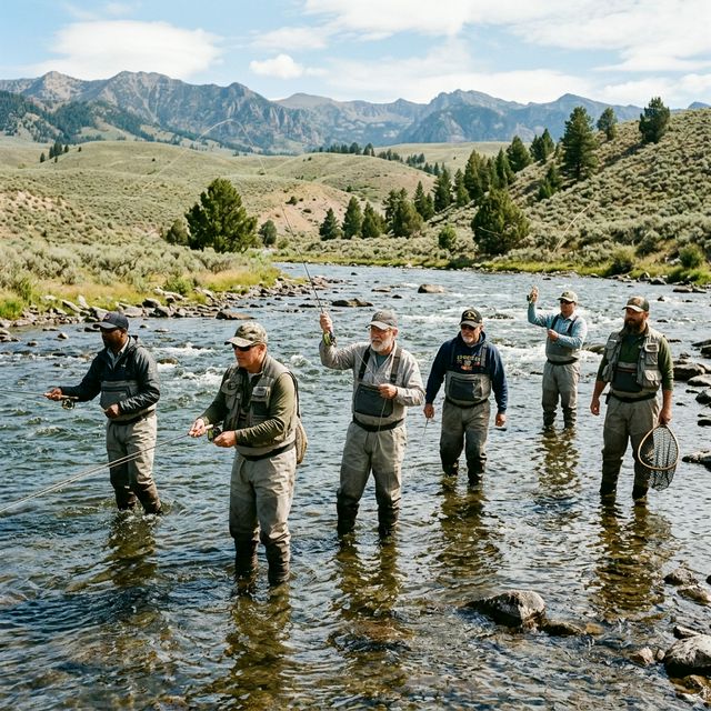 A group of veterans wading together in a Wyoming river on a guided fly fishing trip, sagebrush hills and blue sky