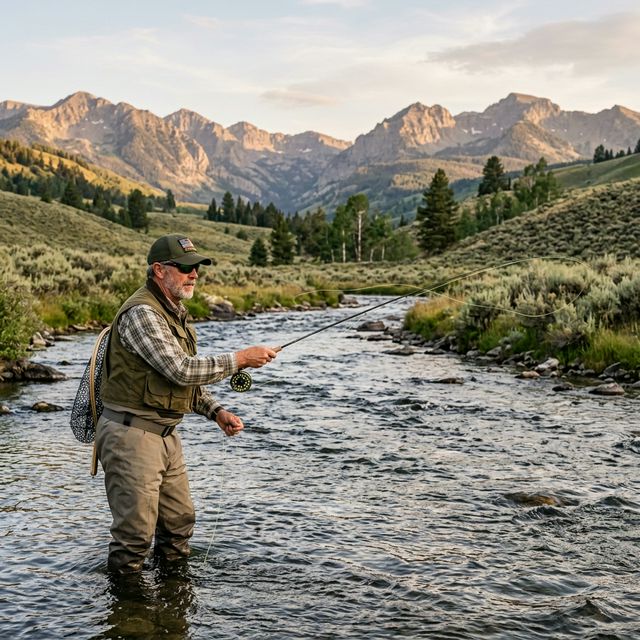 A veteran fly fishing in the Snake River at golden hour with mountains and wildflowers, peaceful healing outdoor scene